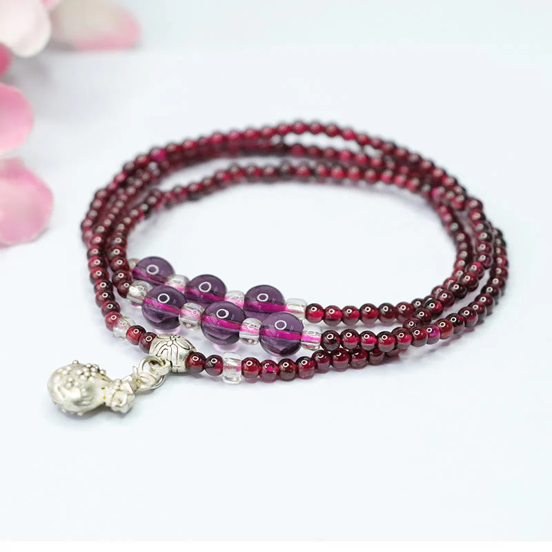 Braccialetto a triplo giro con protezione PiXiu, abaco di elefante, granato naturale, sacchetto portafortuna , Buddha Stones - Image 8