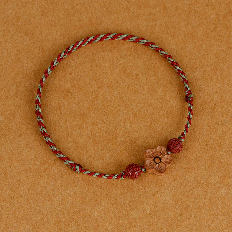 Braccialetto alla caviglia con corda della ricchezza in legno di Buddha Stones, fiori di pesco, cinabro - Image 11