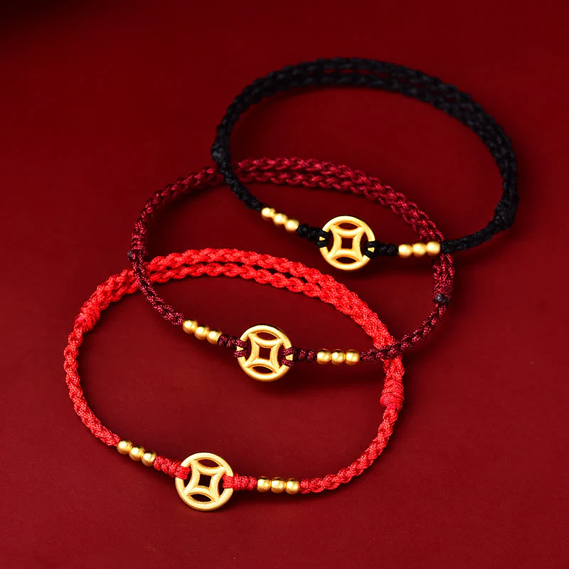 Braccialetto alla caviglia con corda intrecciata in rame con pietre Buddha Stones e moneta - Image 3