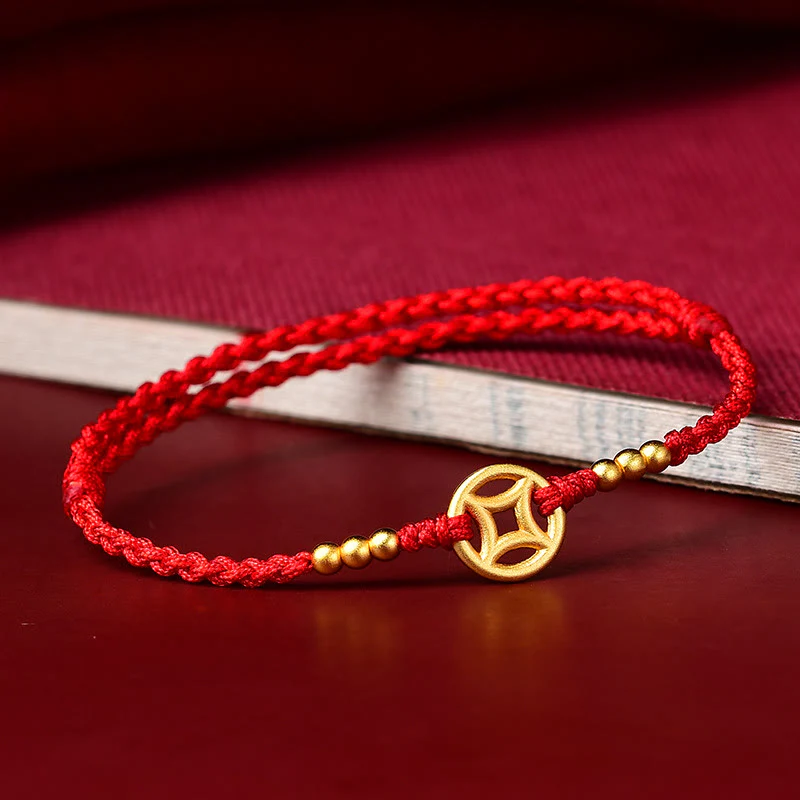Braccialetto alla caviglia con corda intrecciata in rame con pietre Buddha Stones e moneta - Image 4