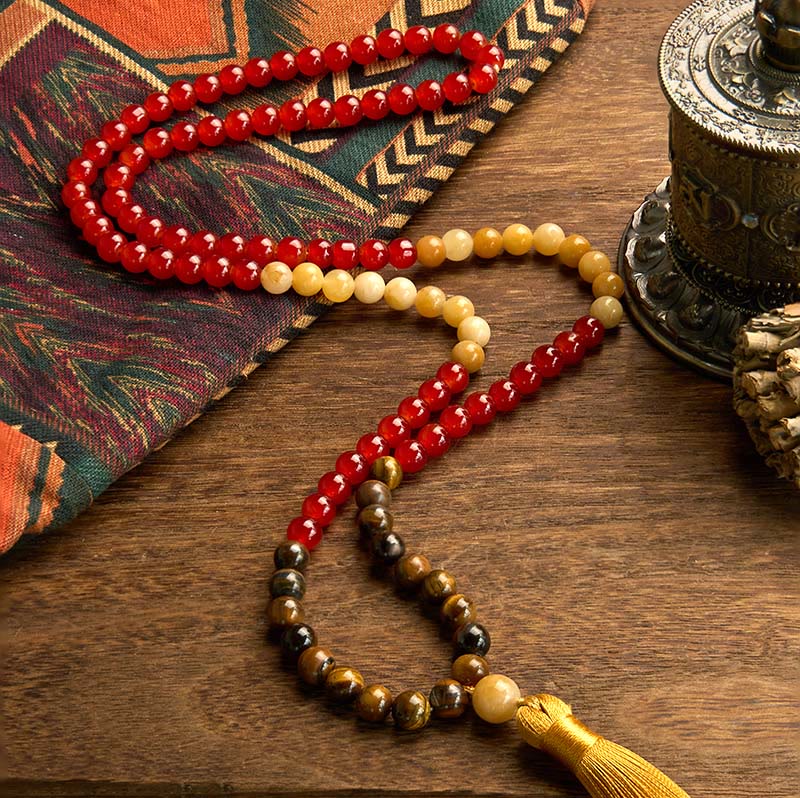 Braccialetto Buddha Stones 108 Mala Beads Agata rossa Occhio di tigre Nappa gialla Calma - Image 2