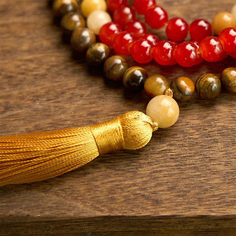 Braccialetto Buddha Stones 108 Mala Beads Agata rossa Occhio di tigre Nappa gialla Calma - Image 7