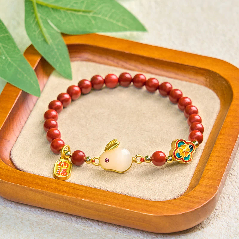 Braccialetto Buddha Stones Cinnabar Coniglio Coniglietto Fu Carattere Calmo - Image 3