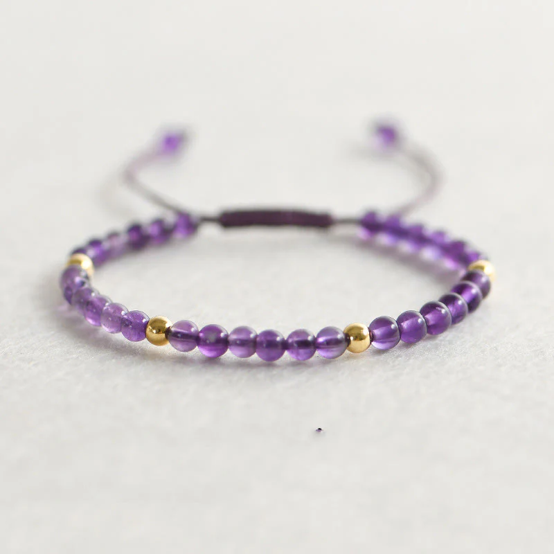 Braccialetto Buddha Stones da 4 mm in ametista naturale fatto a mano, perline di rame placcate in oro 14k, corda intrecciata, allevia lo stress - Image 3