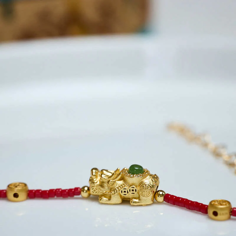Braccialetto Buddha Stones in argento sterling 925 placcato oro 24k con perline di vetro Liuli PiXiu, quadrifoglio, gioia e felicità - Image 11