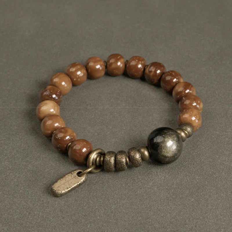 Braccialetto per la fortuna, in ottone, rame e ossidiana , Buddha Stones , semi di Kuka, occhio di tigre e oro lucido - Image 7