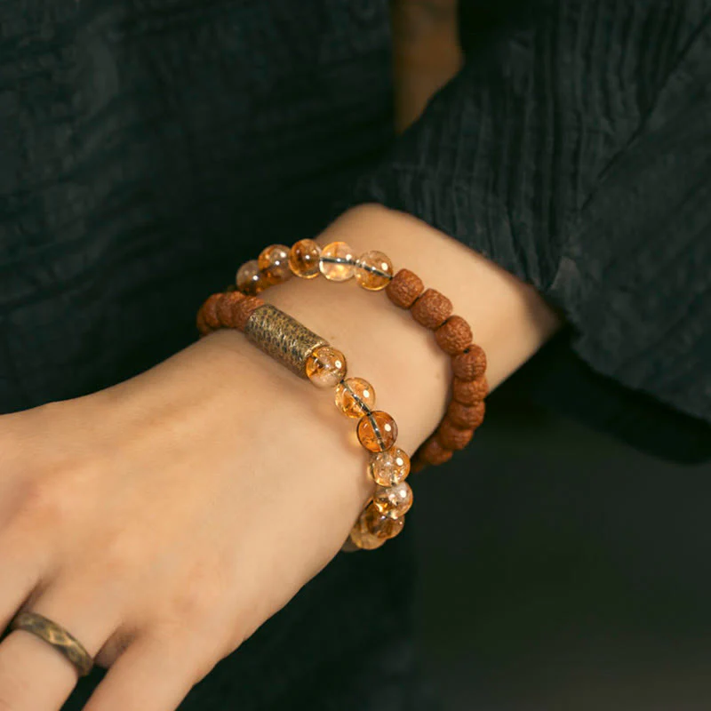 Braccialetto Buddha Stones Natural Citrine Crystal Rudraksha Bodhi Seed Brass Bead Prosperity Double Wrap - Image 4