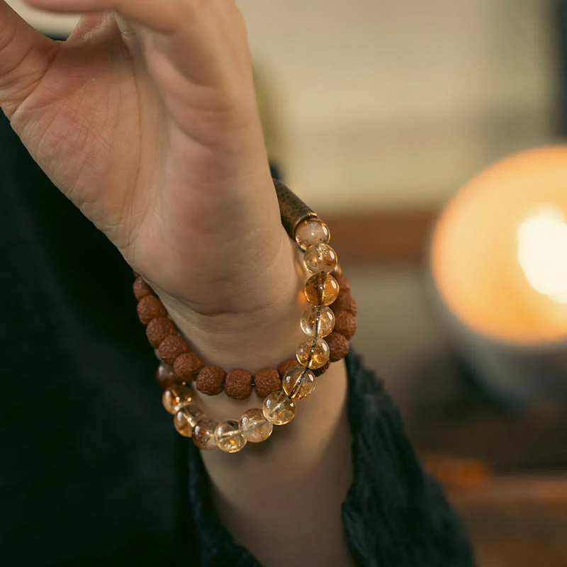Braccialetto Buddha Stones Natural Citrine Crystal Rudraksha Bodhi Seed Brass Bead Prosperity Double Wrap - Image 5