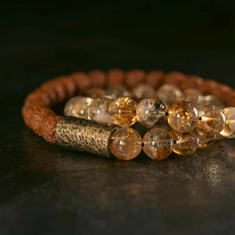 Braccialetto Buddha Stones Natural Citrine Crystal Rudraksha Bodhi Seed Brass Bead Prosperity Double Wrap - Image 8