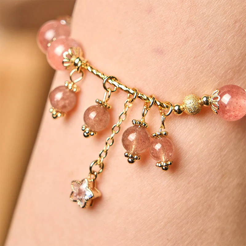 Braccialetto Buddha Stones Natural Strawberry Quartz Quadrifoglio Stella Positiva - Image 2