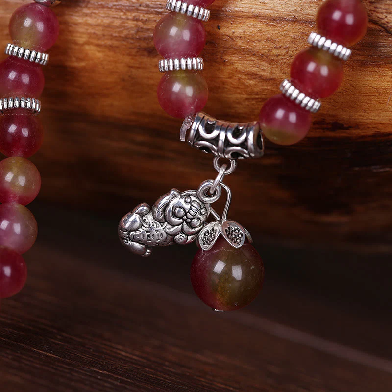 Braccialetto Buddha Stones Natural Watermelon Tormalina PiXiu Elephant Positive Triple Wrap - Image 3