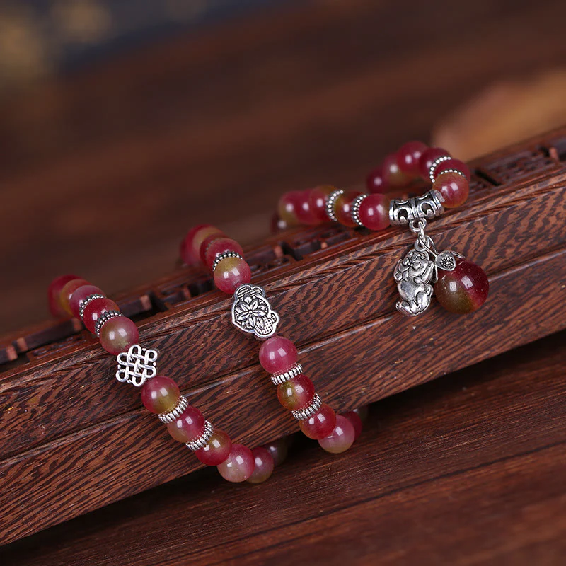 Braccialetto Buddha Stones Natural Watermelon Tormalina PiXiu Elephant Positive Triple Wrap - Image 6