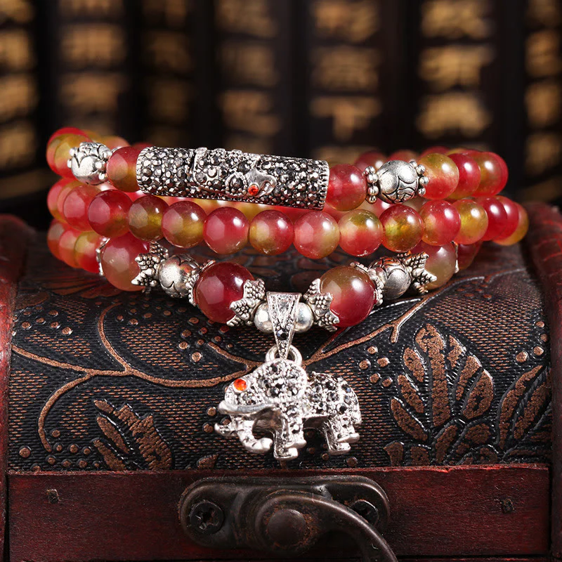 Braccialetto Buddha Stones Natural Watermelon Tormalina PiXiu Elephant Positive Triple Wrap - Image 8