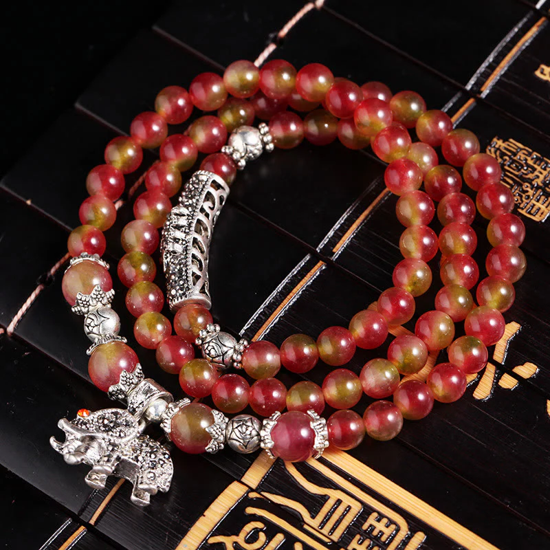 Braccialetto Buddha Stones Natural Watermelon Tormalina PiXiu Elephant Positive Triple Wrap - Image 9