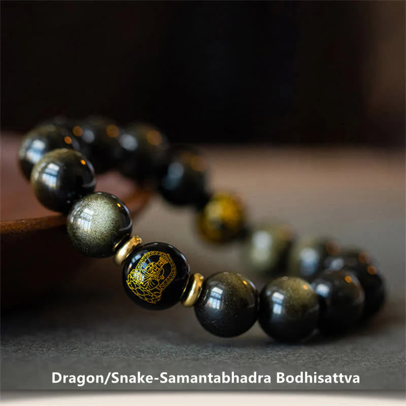 Braccialetto cinese di protezione della ricchezza con ossidiana e oro lucido, simbolo dello zodiaco natale del Buddha - Image 11