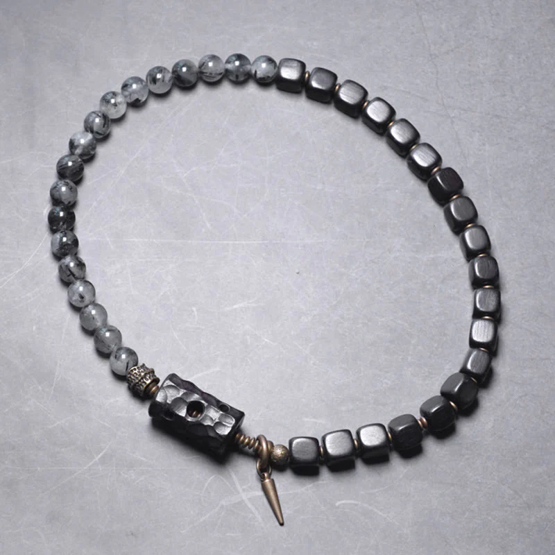 Braccialetto con bilanciere a doppio giro in ottone e rame, in legno di ebano e quarzo rutilato nero Buddha Stones - Image 11
