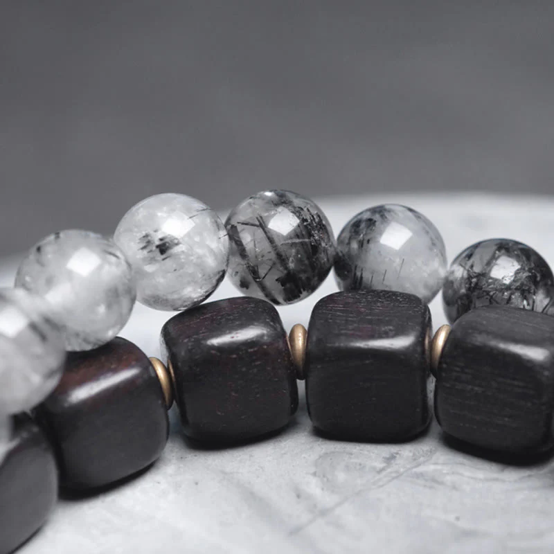 Braccialetto con bilanciere a doppio giro in ottone e rame, in legno di ebano e quarzo rutilato nero Buddha Stones - Image 9