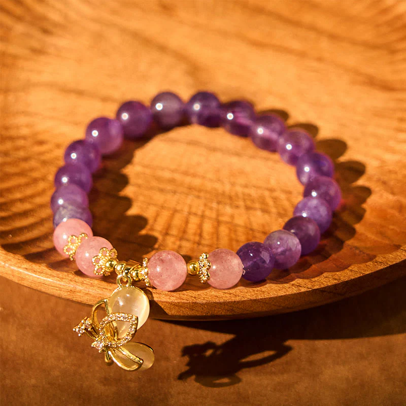 Braccialetto con ciondolo a farfalla in cristallo di quarzo fragola e ametista naturale Buddha Stones - Image 4