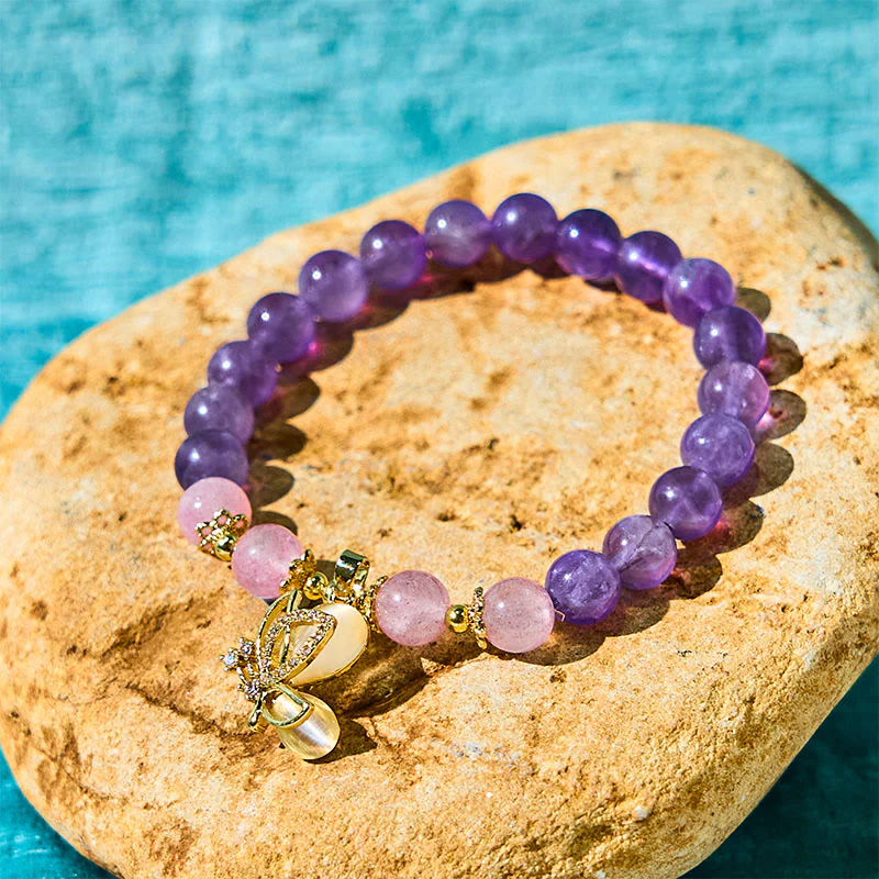 Braccialetto con ciondolo a farfalla in cristallo di quarzo fragola e ametista naturale Buddha Stones - Image 6