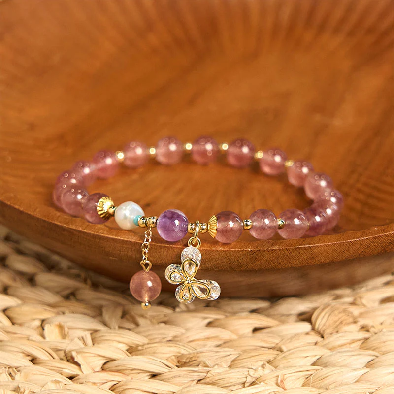 Braccialetto con ciondolo a farfalla in quarzo fragola verde con Buddha Stones e quarzo fragola naturale - Image 2