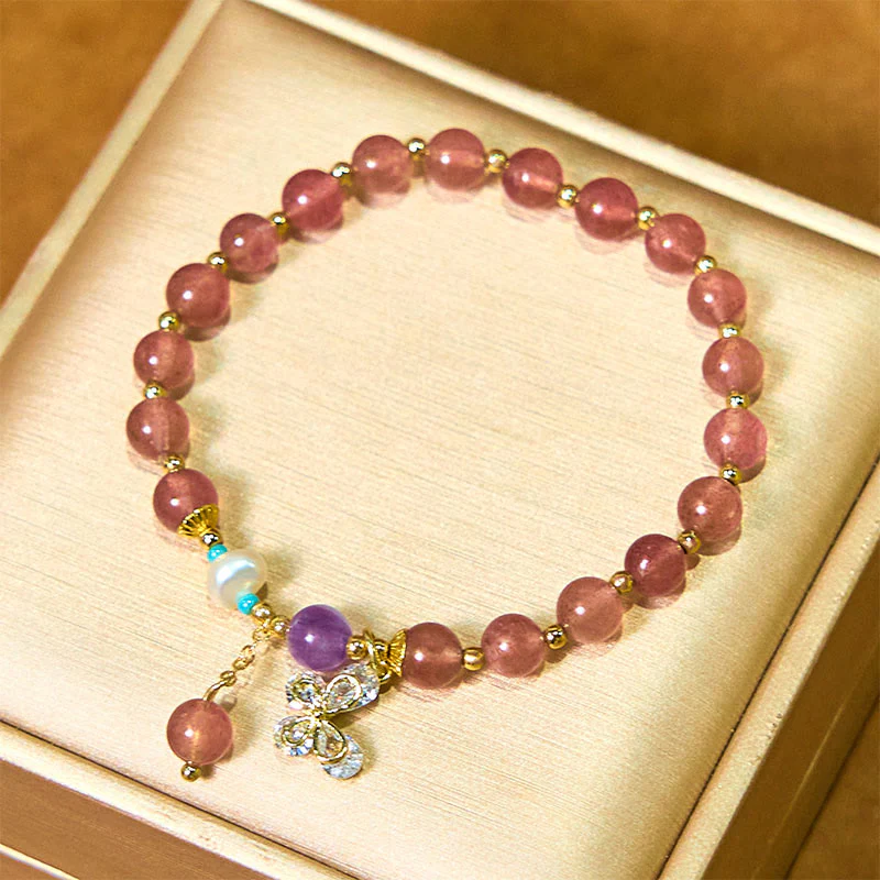 Braccialetto con ciondolo a farfalla in quarzo fragola verde con Buddha Stones e quarzo fragola naturale - Image 3