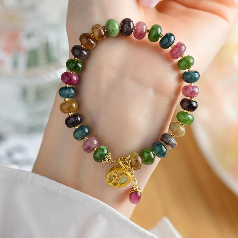 Braccialetto con ciondolo a forma di coniglio con fiore carino e tormalina colorata Buddha Stones