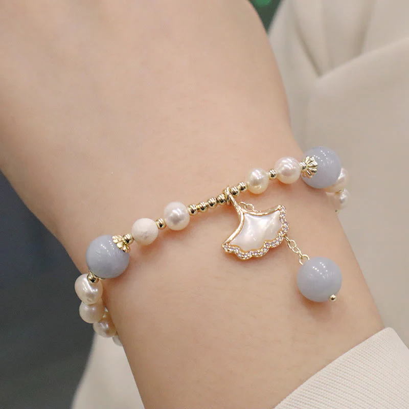 Braccialetto con ciondolo a forma di farfalla con foglia di ginkgo e perle di acquamarina naturale Buddha Stones - Image 3