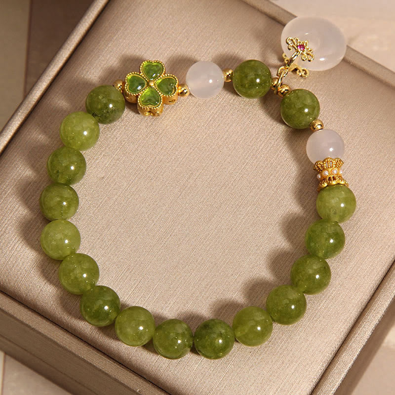 Braccialetto con ciondolo a forma di fibbia della pace con quadrifoglio , Buddha Stones, tormalina verde, calcedonio e saggezza - Image 3