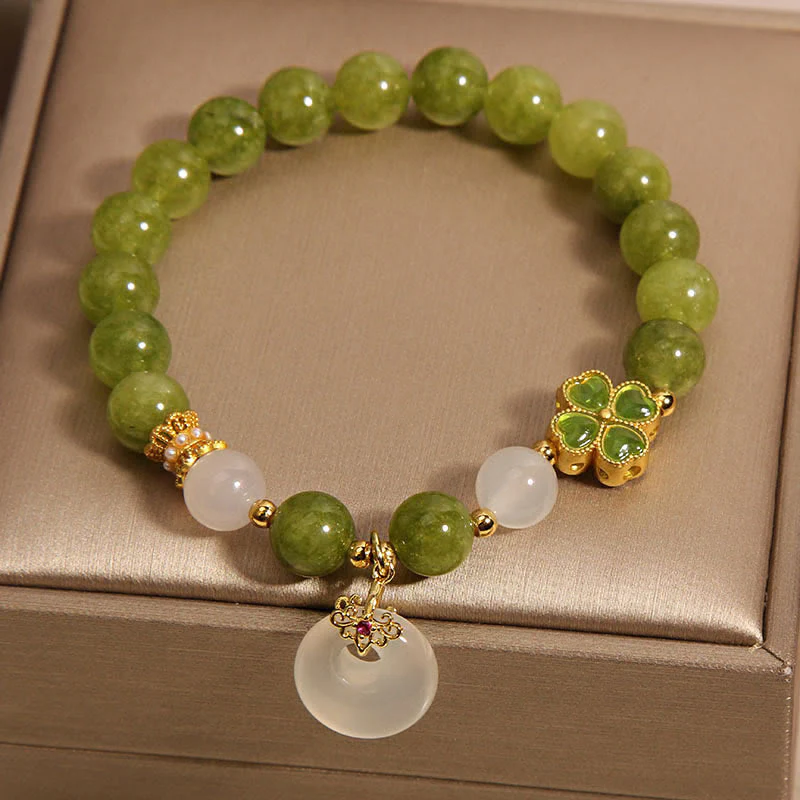 Braccialetto con ciondolo a forma di fibbia della pace con quadrifoglio , Buddha Stones, tormalina verde, calcedonio e saggezza - Image 5