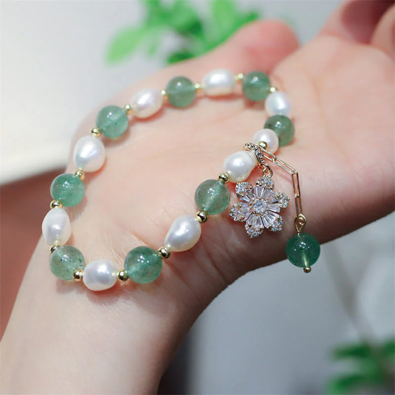 Braccialetto con ciondolo a forma di fiore di perla di quarzo fragola verde naturale Buddha Stones - Image 5