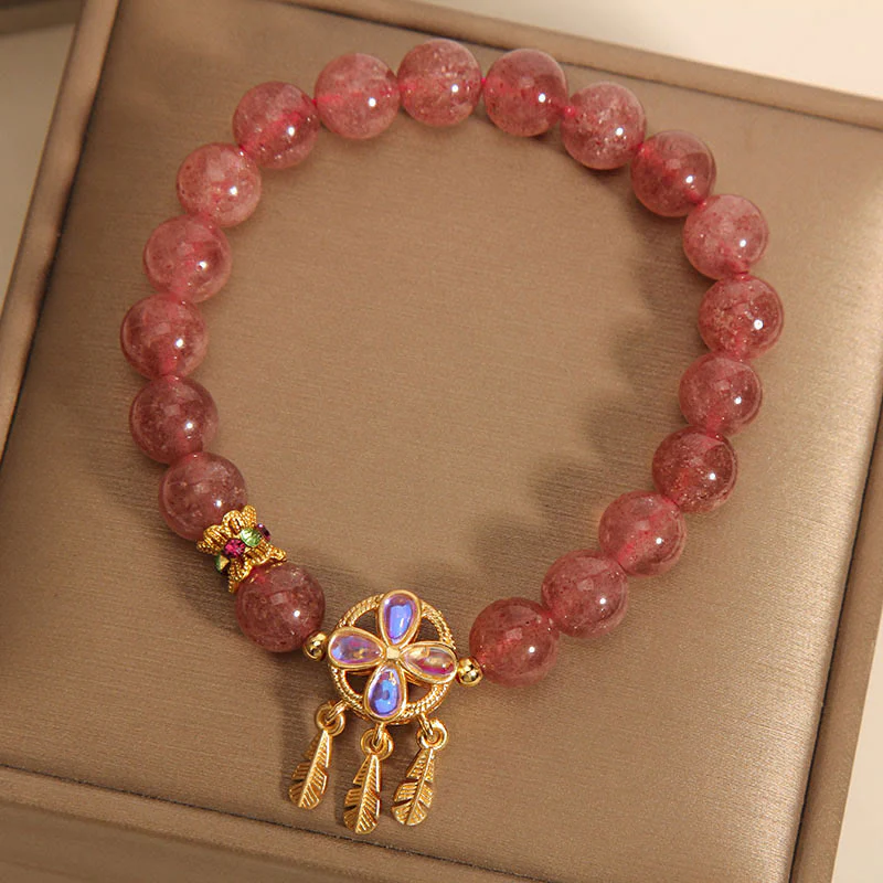 Braccialetto con ciondolo acchiappasogni a forma di quadrifoglio naturale con Buddha Stones e quarzo fragola - Image 3