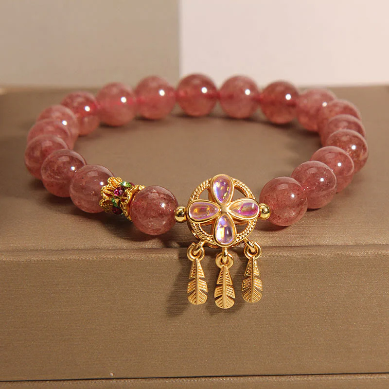 Braccialetto con ciondolo acchiappasogni a forma di quadrifoglio naturale con Buddha Stones e quarzo fragola - Image 4