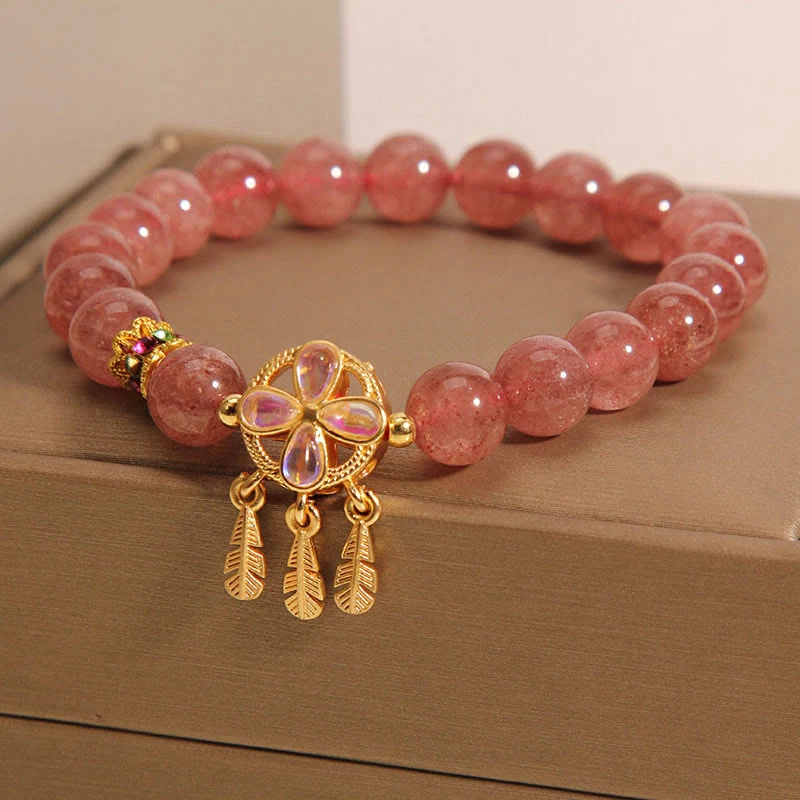 Braccialetto con ciondolo acchiappasogni a forma di quadrifoglio naturale con Buddha Stones e quarzo fragola - Image 6