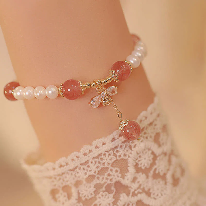 Braccialetto con ciondolo ape carino con perle naturali e quarzo fragola Buddha Stones - Image 2