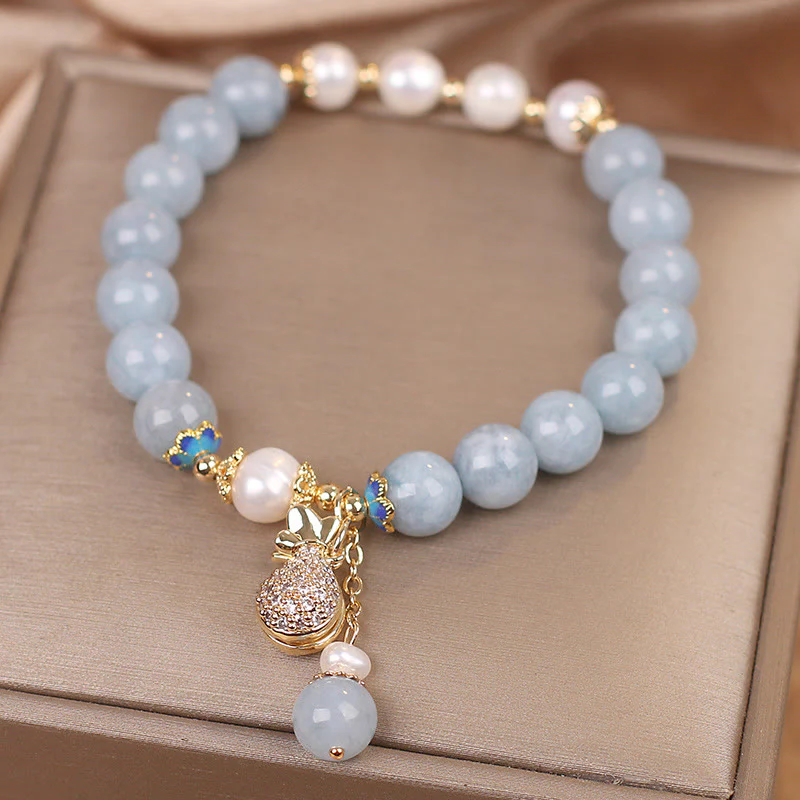 Braccialetto con ciondolo Buddha Stones Aquamarine Pearl Fortune Money Bag - Image 6