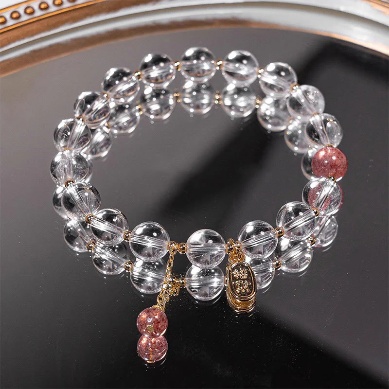Braccialetto con ciondolo Buddha Stones , cristallo bianco, quarzo fragola, guarigione, attrae la fortuna
