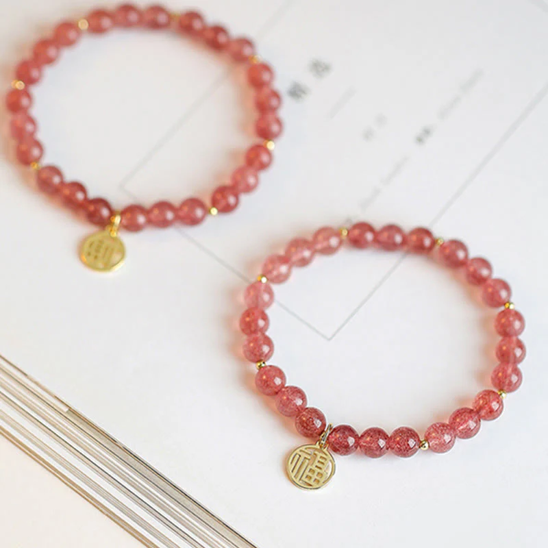 Braccialetto con ciondolo curativo in quarzo fragola placcato oro 14K Buddha Stones Fu - Image 14