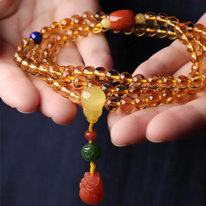 Braccialetto con ciondolo di protezione PiXiu, 108 perle di Mala, ambra citrino naturale, fibbia della pace, agata rossa - Image 20