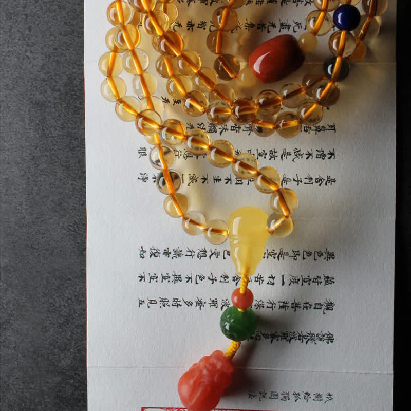 Braccialetto con ciondolo di protezione PiXiu, 108 perle di Mala, ambra citrino naturale, fibbia della pace, agata rossa - Image 22