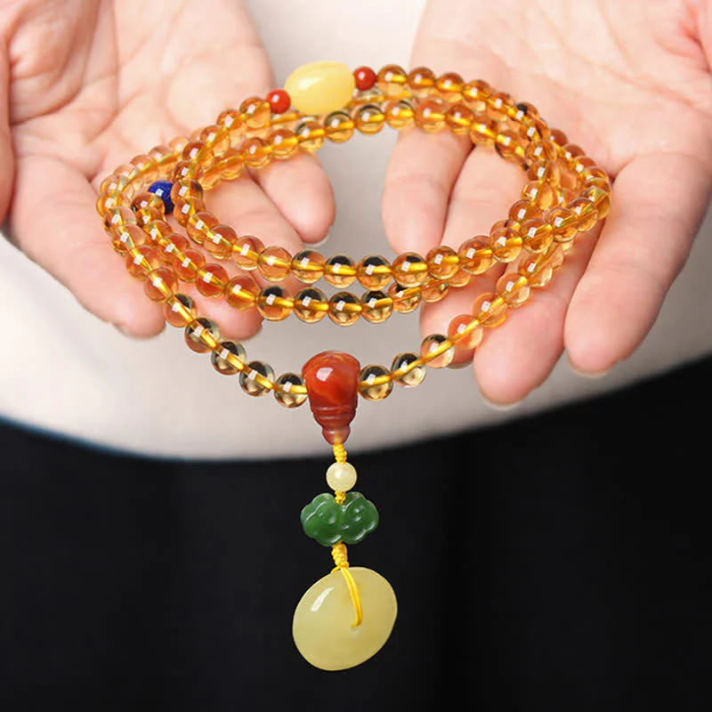Braccialetto con ciondolo di protezione PiXiu, 108 perle di Mala, ambra citrino naturale, fibbia della pace, agata rossa - Image 5