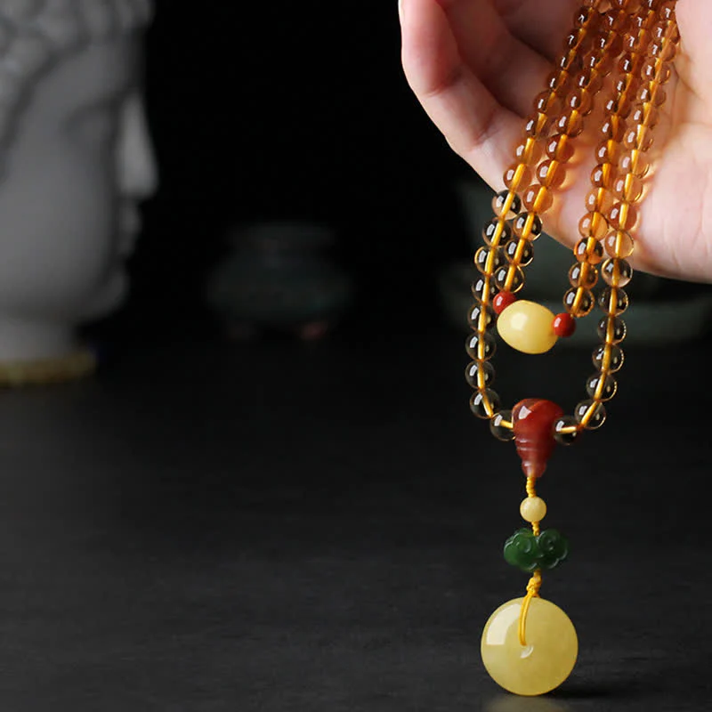 Braccialetto con ciondolo di protezione PiXiu, 108 perle di Mala, ambra citrino naturale, fibbia della pace, agata rossa - Image 6