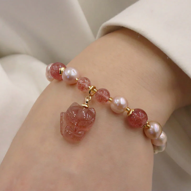 Braccialetto con ciondolo guarigione amore volpe carina perla naturale quarzo fragola Buddha Stones - Image 10