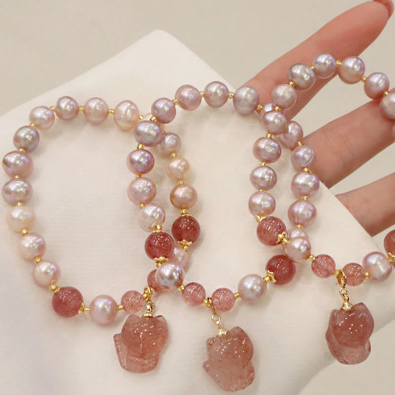 Braccialetto con ciondolo guarigione amore volpe carina perla naturale quarzo fragola Buddha Stones - Image 5