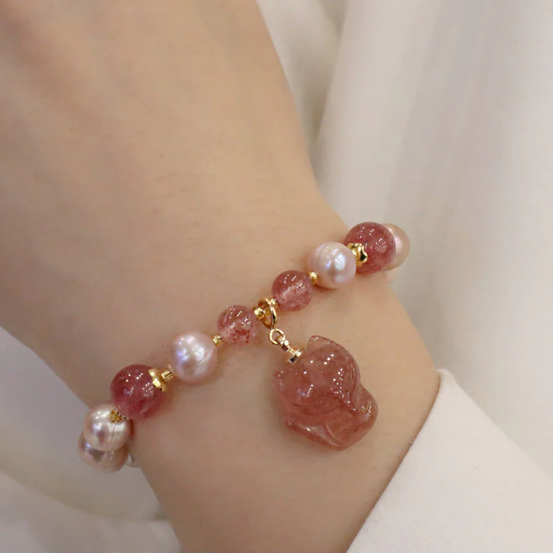 Braccialetto con ciondolo guarigione amore volpe carina perla naturale quarzo fragola Buddha Stones - Image 6