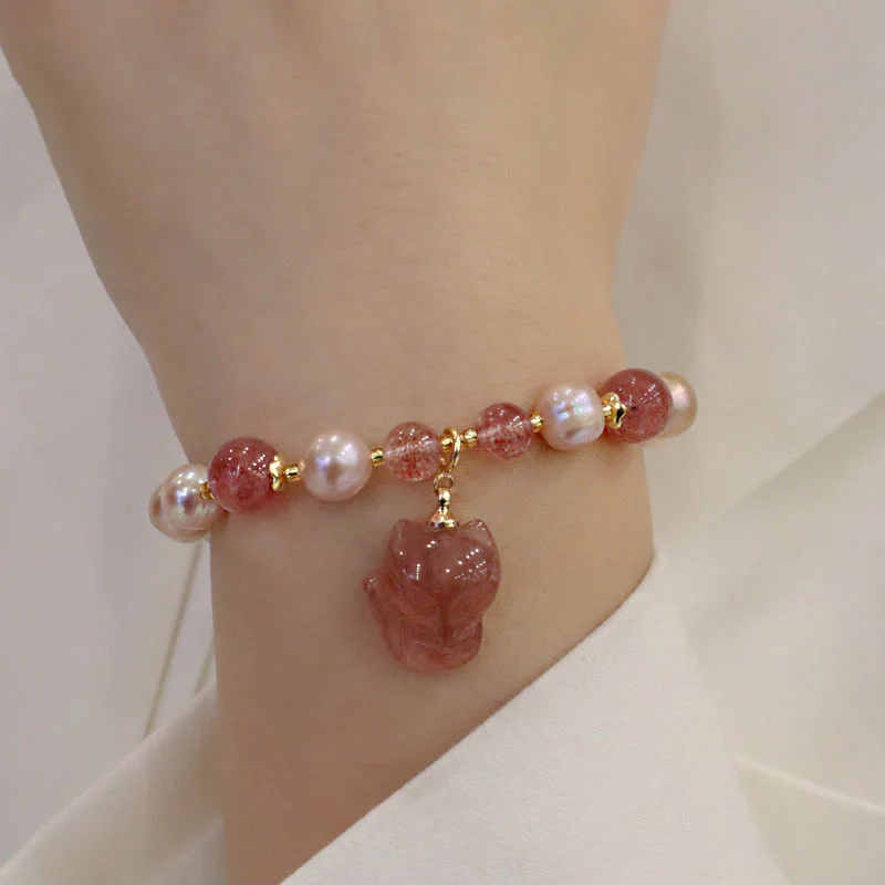 Braccialetto con ciondolo guarigione amore volpe carina perla naturale quarzo fragola Buddha Stones - Image 8