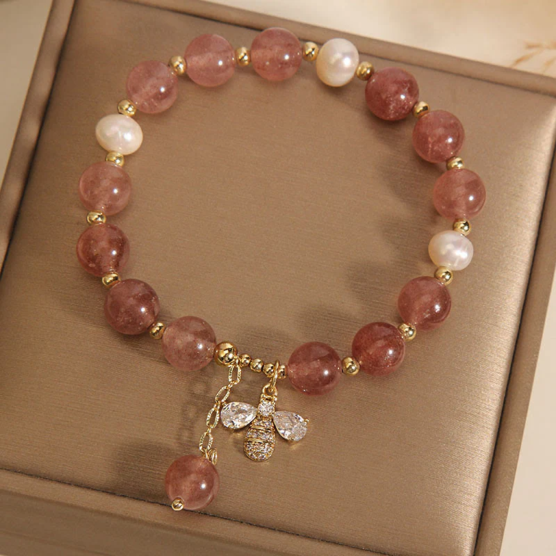 Braccialetto con ciondolo positivo ape con zircone carino e quarzo fragola perla Buddha Stones - Image 2