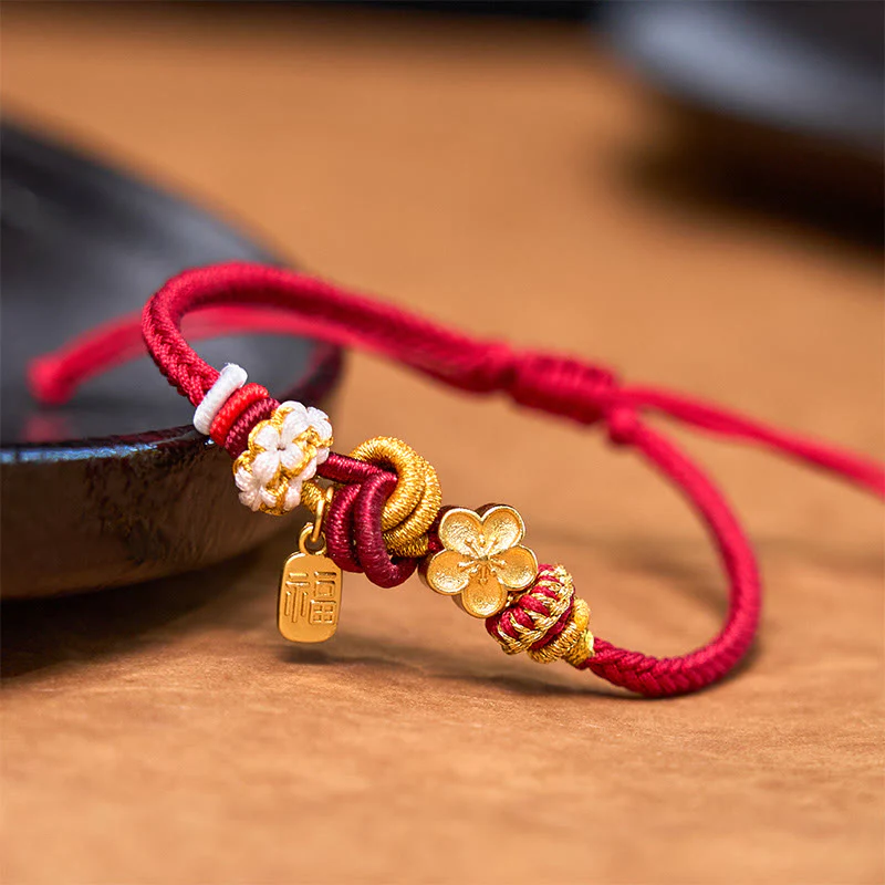 Braccialetto con corda rossa Buddha Stones, ciondolo felicità, fiori di pesco