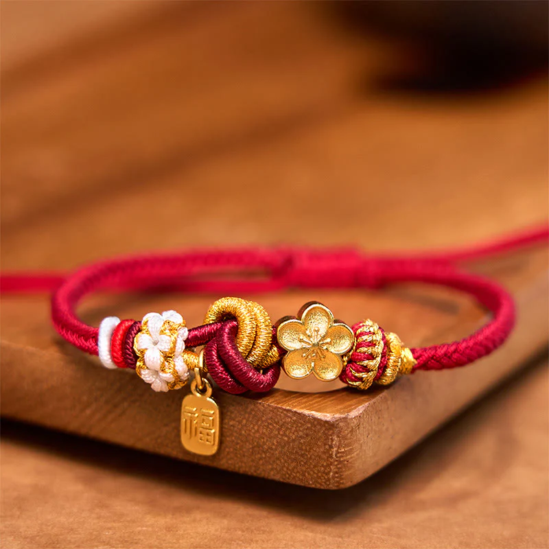 Braccialetto con corda rossa Buddha Stones, ciondolo felicità, fiori di pesco - Image 2