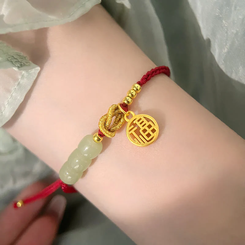 Braccialetto con corda rossa con ciondolo a forma di carattere Fu, con perline di giada lavorate a mano Buddha Stones - Image 11