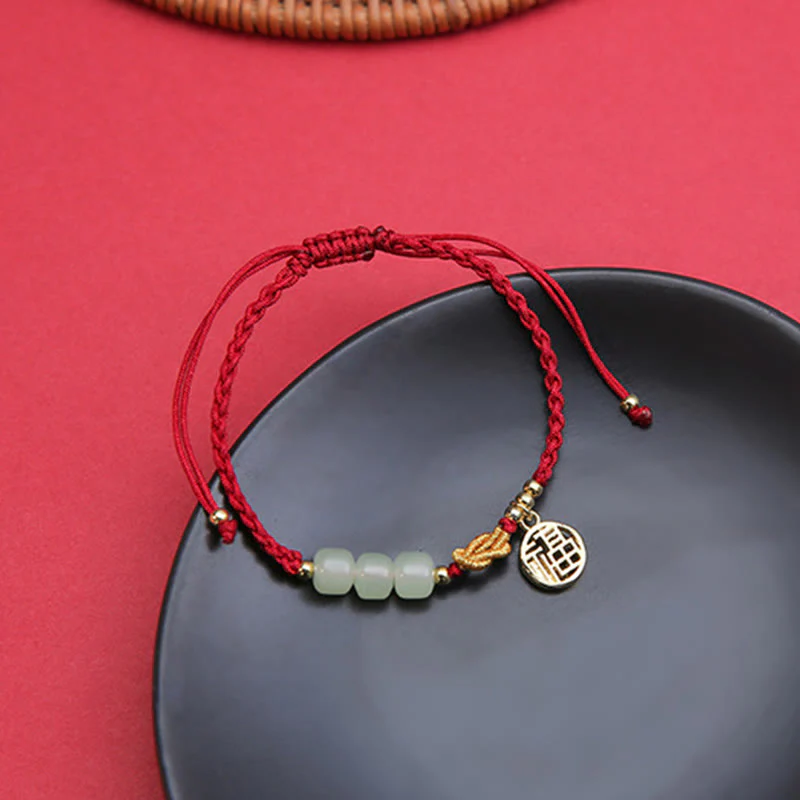Braccialetto con corda rossa con ciondolo a forma di carattere Fu, con perline di giada lavorate a mano Buddha Stones - Image 14